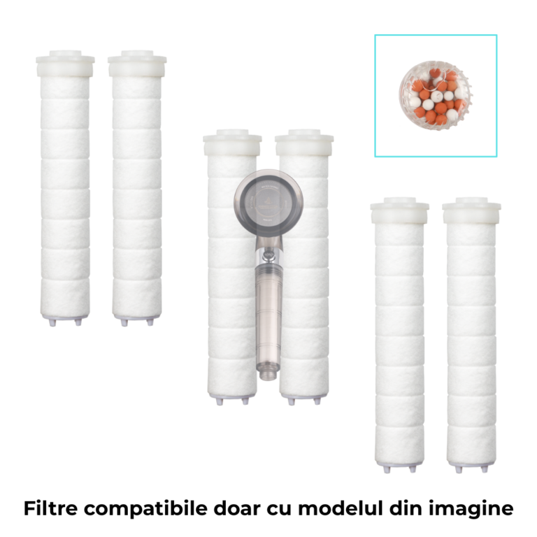 Rezerve pentru filtrarea apei la duș: set de filtre ce asigură o apă curată, eliminând impuritățile prin bumbac PP și apa filtrată prin bile minerale Maifan.